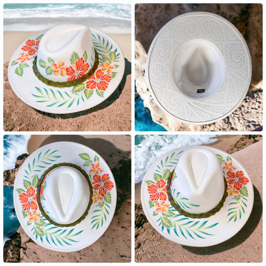 Hawaiian Flowers and Polynesian Tattoo White Fedora