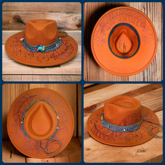 Zentangle Feather Wide Brim Orange Fedora