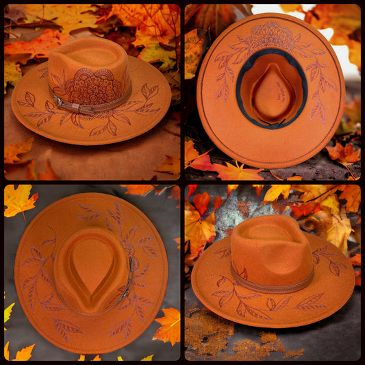 Mandala and Leaves Wide Brim Orange Fedora