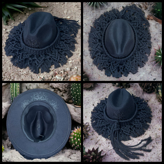 Macramé and Mandala Designs Black Fedora Hat