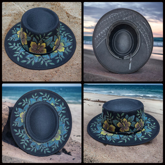 Hawaiian Flowers and Polynesian Tattoo Black Fedora
