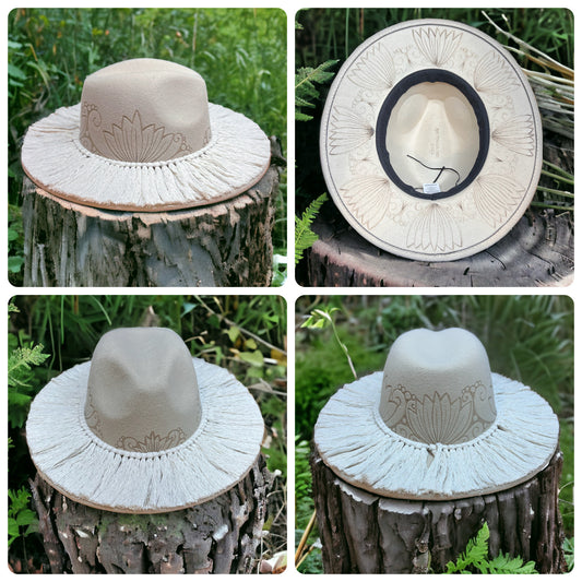 Macramé and Floral Designs Cream Fedora Hat
