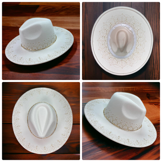 Henna Design and Gold Cream Fedora Hat