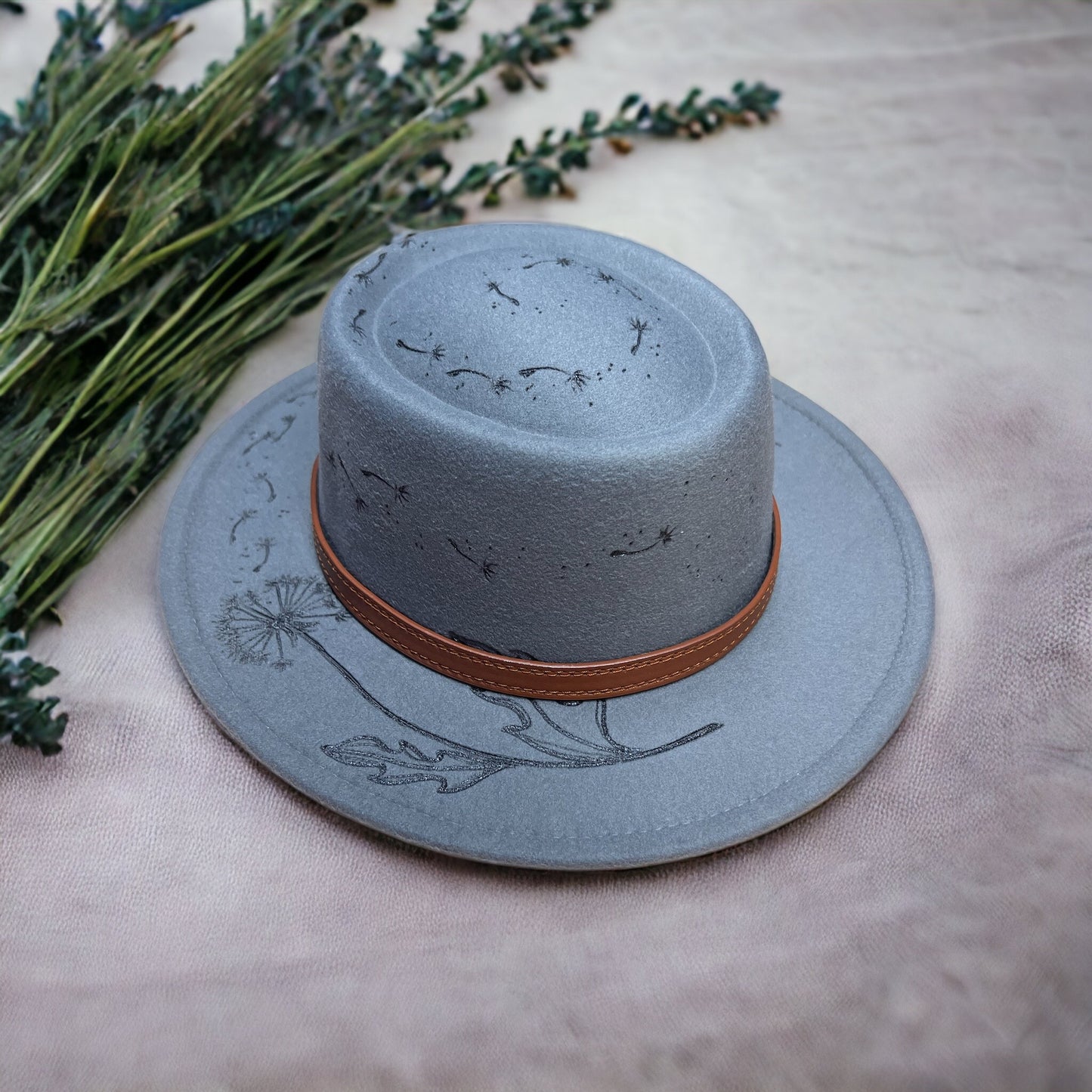 Dandelion seeds blowing in the wind Grey Blue Fedora