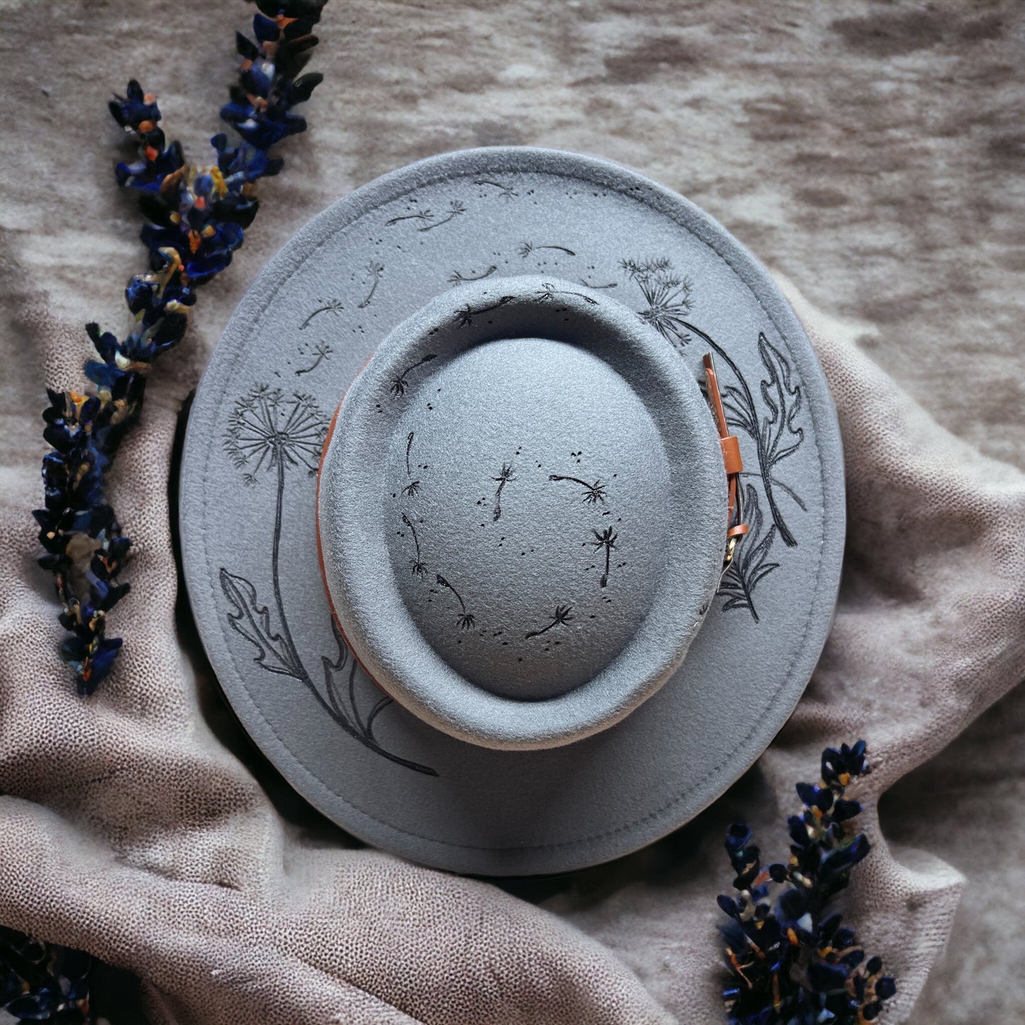 Dandelion seeds blowing in the wind Grey Blue Fedora