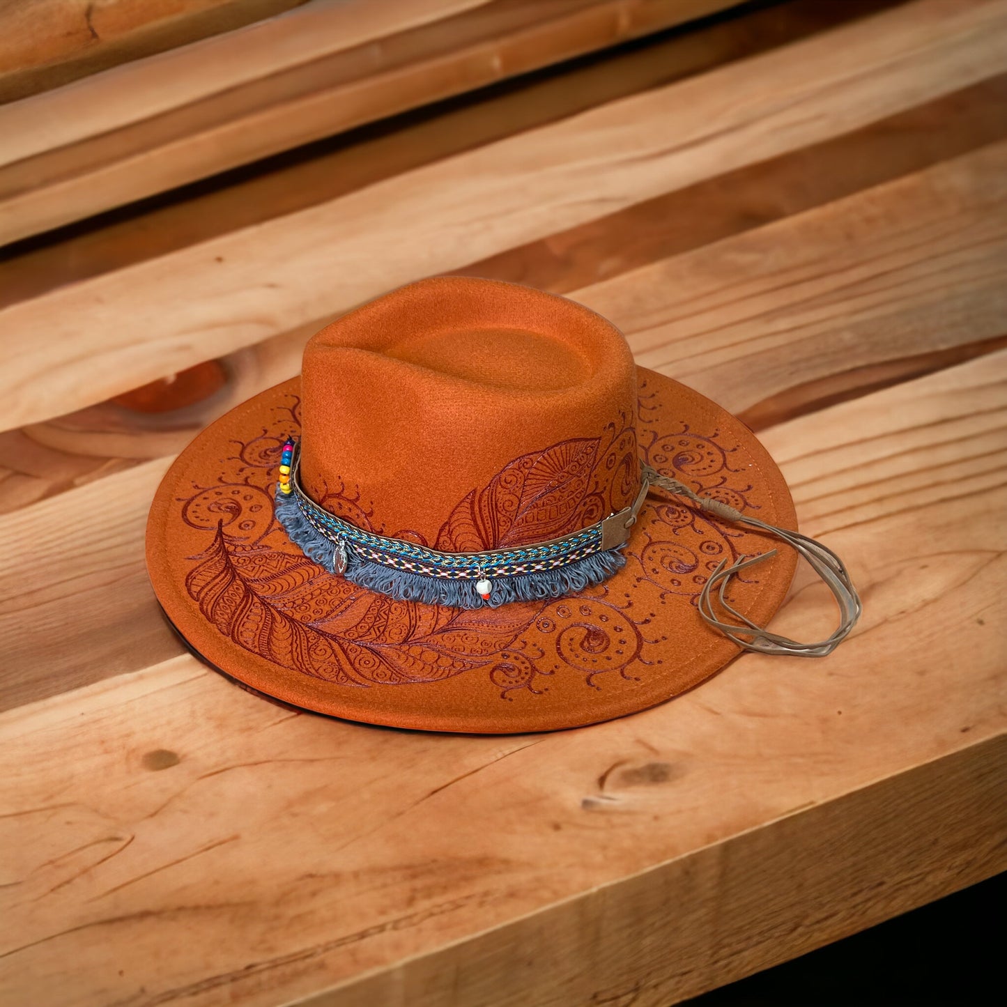Zentangle Feather Wide Brim Orange Fedora