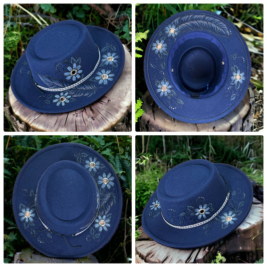 Daisys and Feather See through Blue Fedora