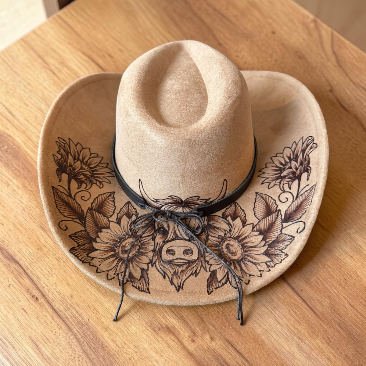Highland Cow Cowgirl Hat Hand Burned With Original Design