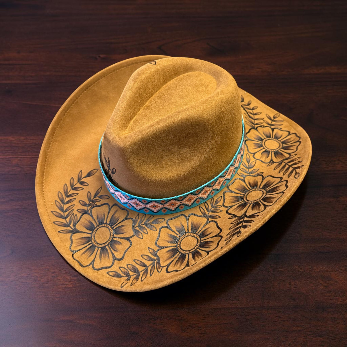 Golden Wildflower Western Hat Hand Burned With Original Design