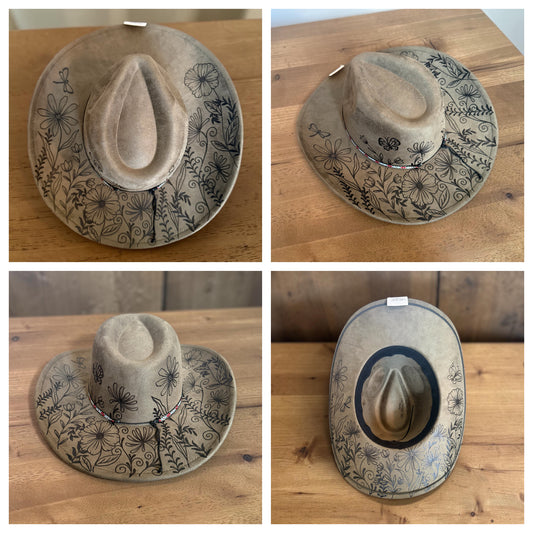 Olive Green Wildflower Wide Brim Cowboy Hat Hand Burned With Original Design