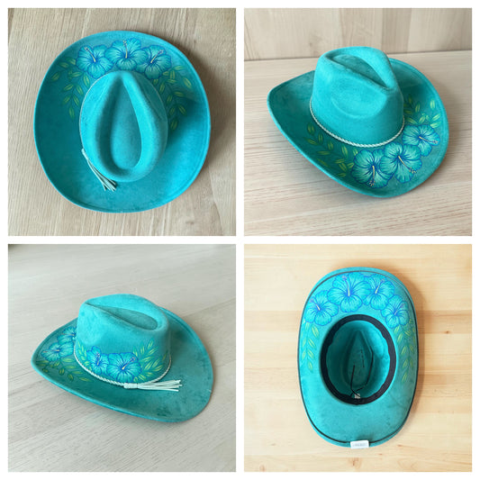 Turquoise Hibiscus Western Hat Hand Painted With Original Design