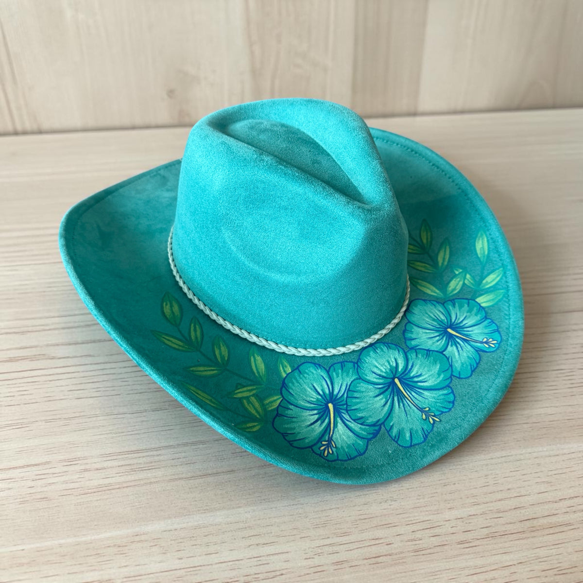 Turquoise Hibiscus Western Hat Hand Painted With Original Design