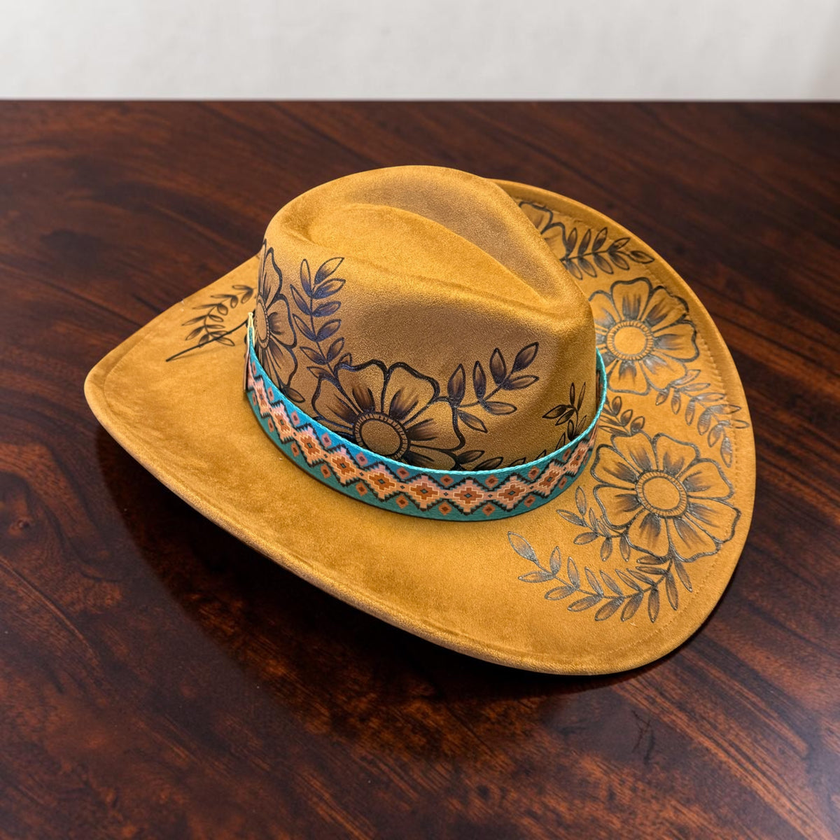 Golden Wildflower Western Hat Hand Burned With Original Design
