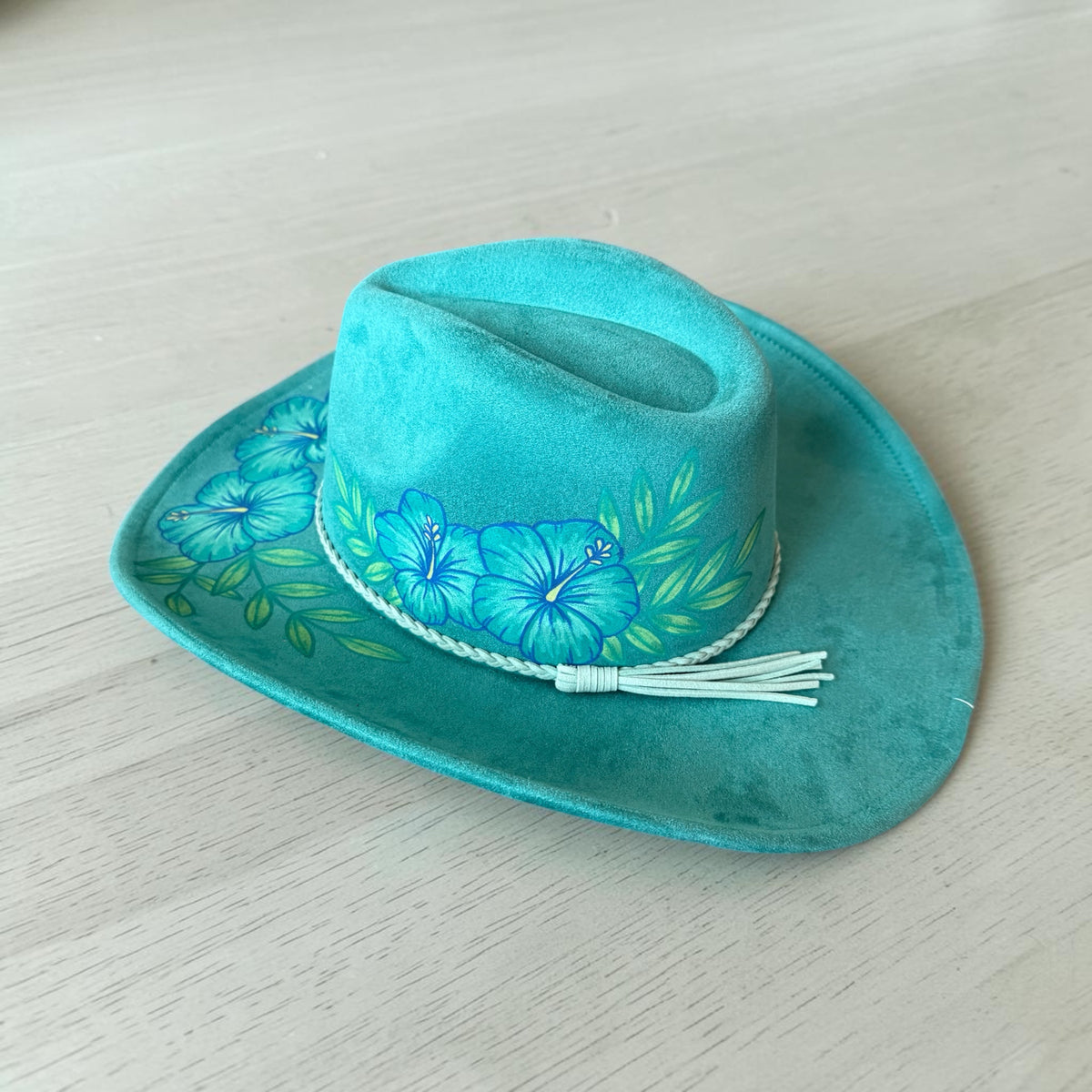Turquoise Hibiscus Western Hat Hand Painted With Original Design