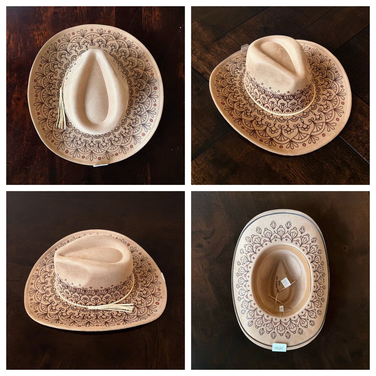 Natural Mandala Tan Cowboy Wide Brim Hand Burned With Original Design