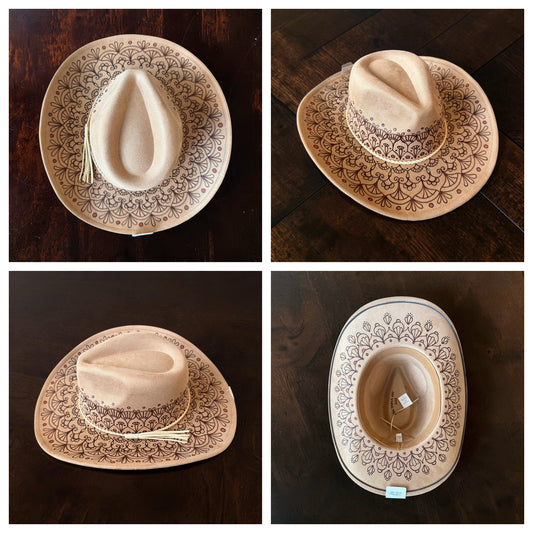 Natural Mandala Tan Cowboy Wide Brim Hand Burned With Original Design