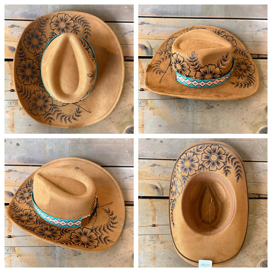 Desert Daisy Cowgirl Hat Hand Burned With Original Design