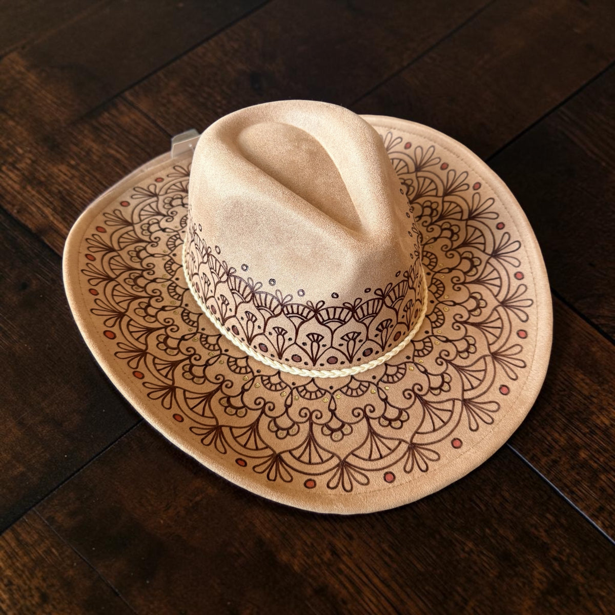 Natural Mandala Tan Cowboy Wide Brim Hand Burned With Original Design