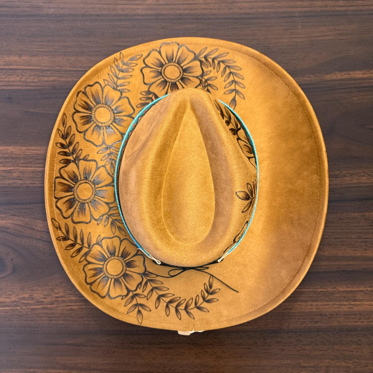 Golden Wildflower Western Hat Hand Burned With Original Design