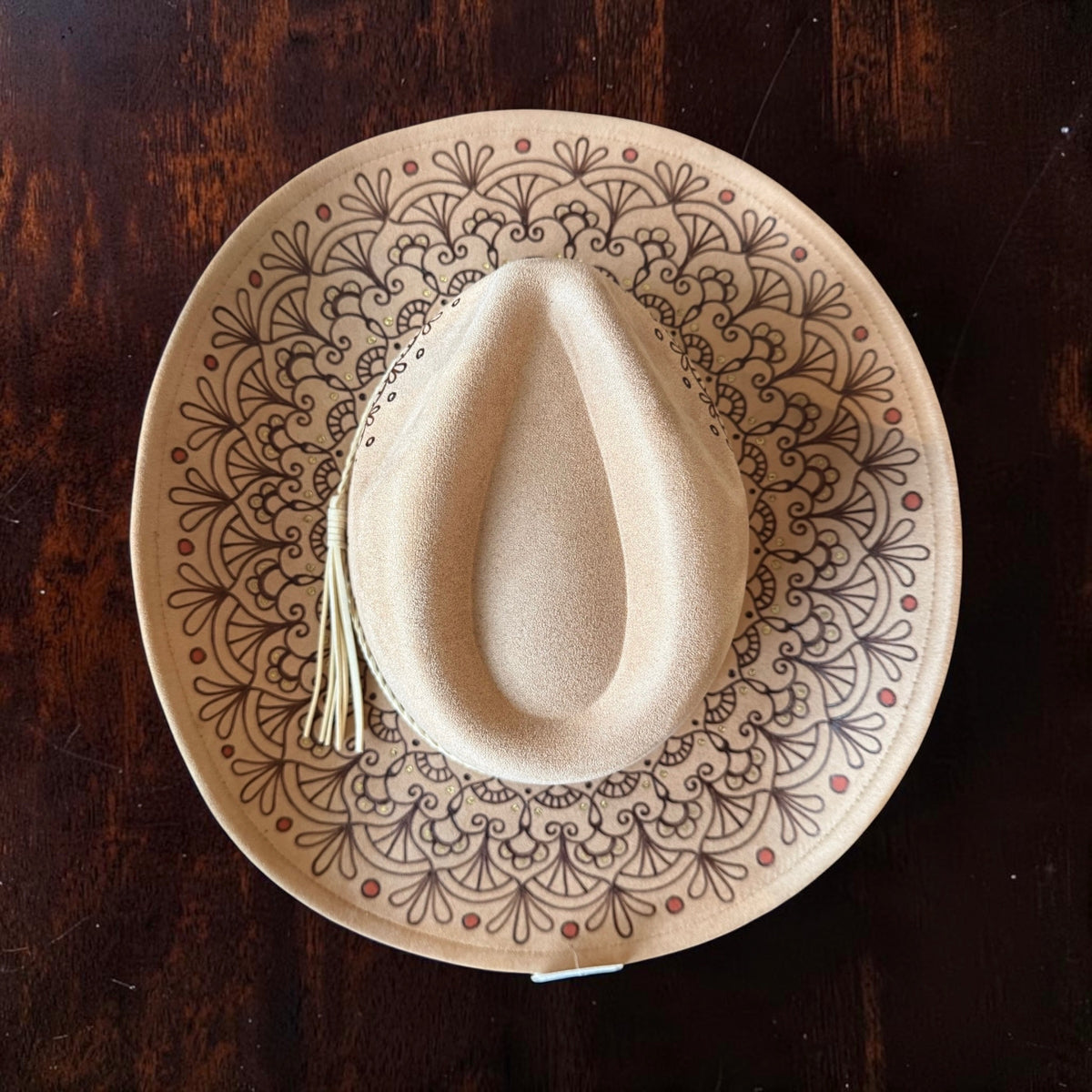 Natural Mandala Tan Cowboy Wide Brim Hand Burned With Original Design