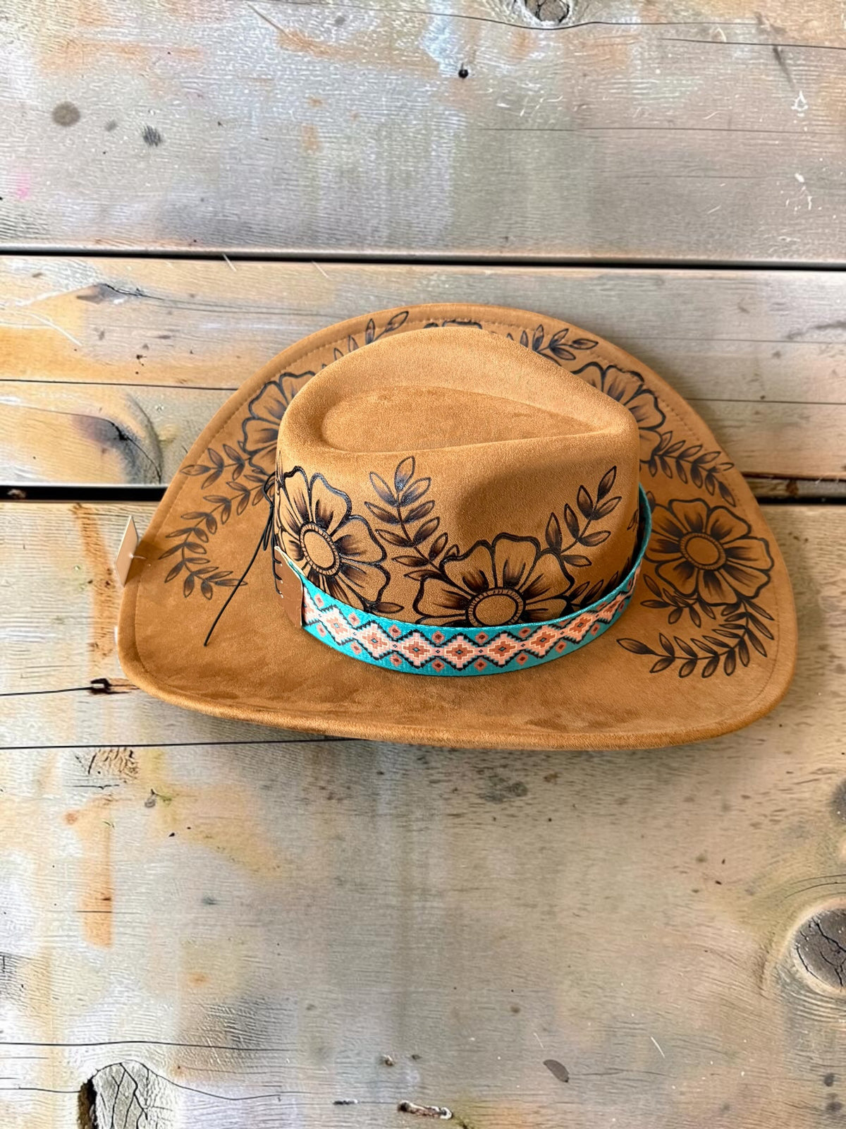 Desert Daisy Cowgirl Hat Hand Burned With Original Design