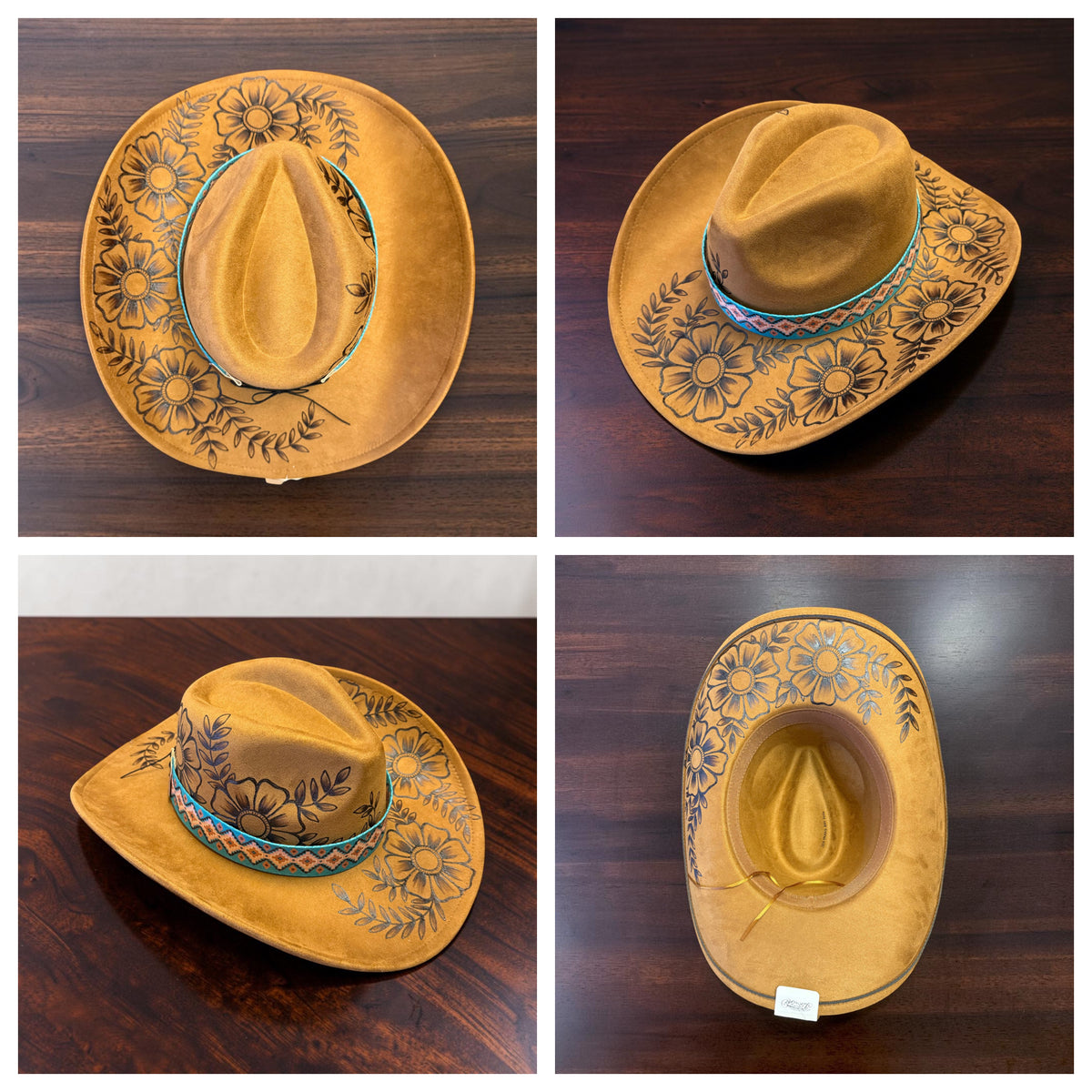 Golden Wildflower Western Hat Hand Burned With Original Design