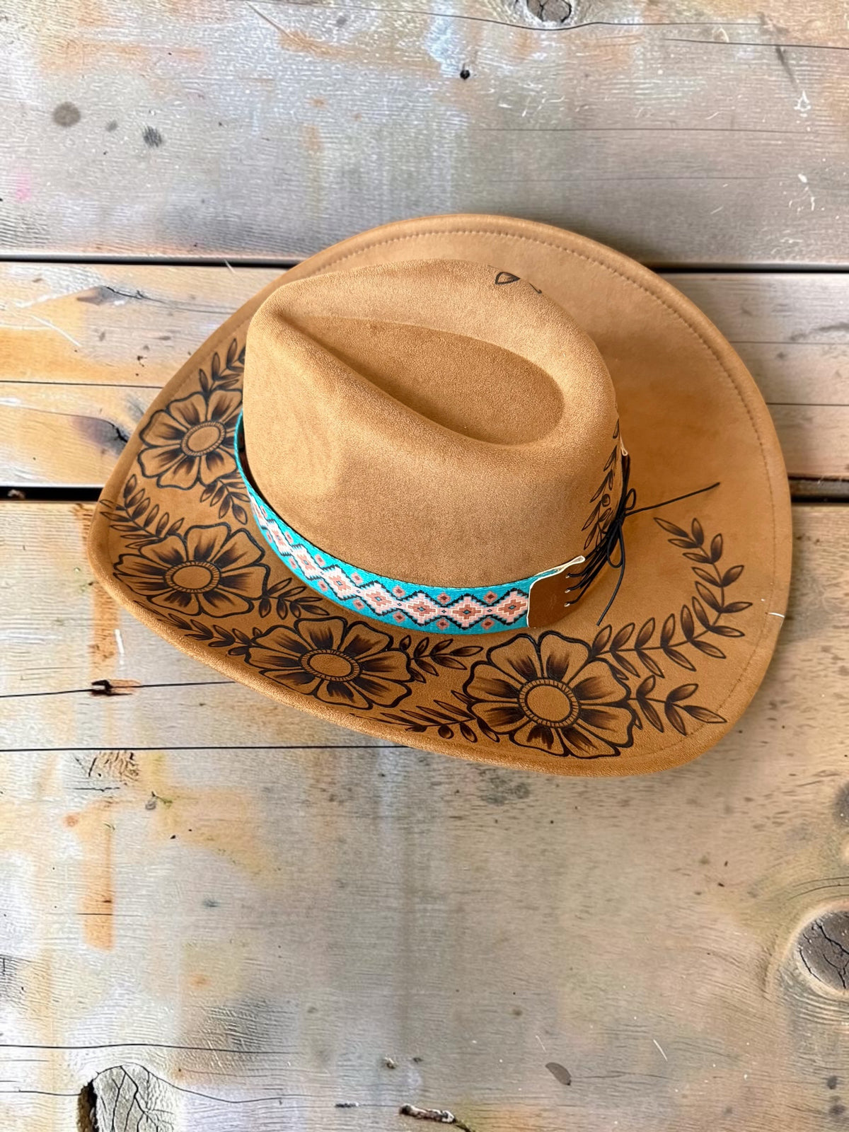 Desert Daisy Cowgirl Hat Hand Burned With Original Design