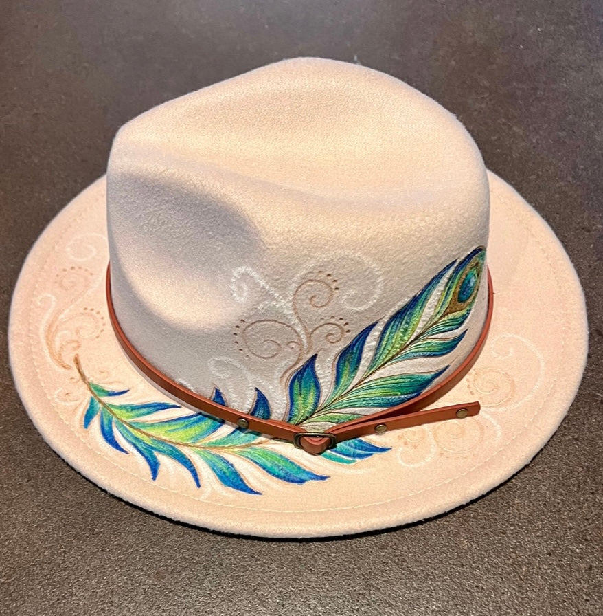 Peacock feather Cream Fedora Hat ( ex small)